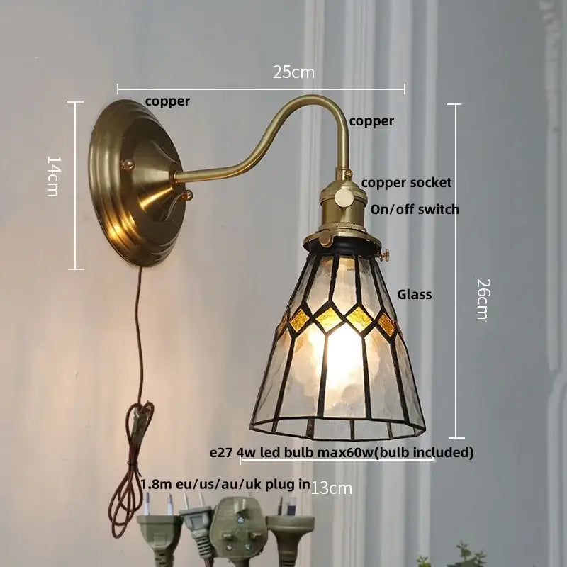 Antique teal glass and brass wall light fixture bedroom sconce