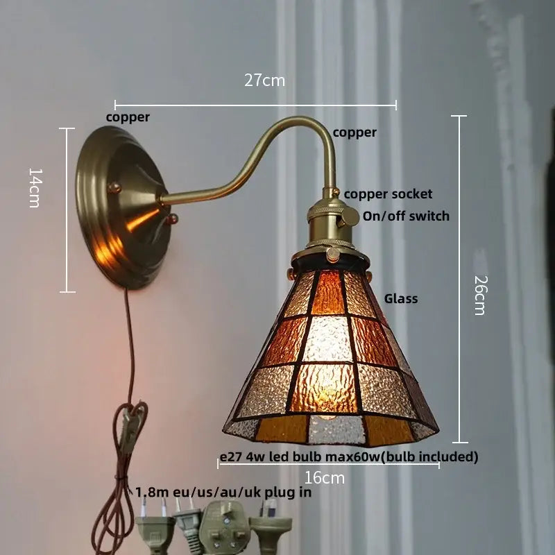 Antique teal glass and brass wall light fixture bedroom sconce