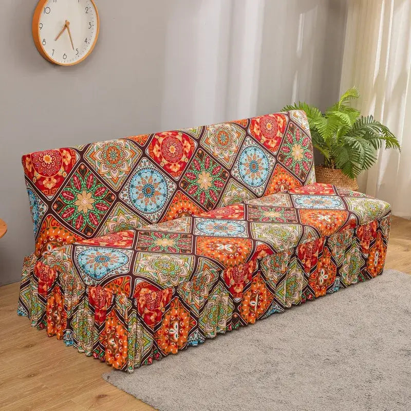Argyle beige & dark gray elastic armless futon sofa cover living room