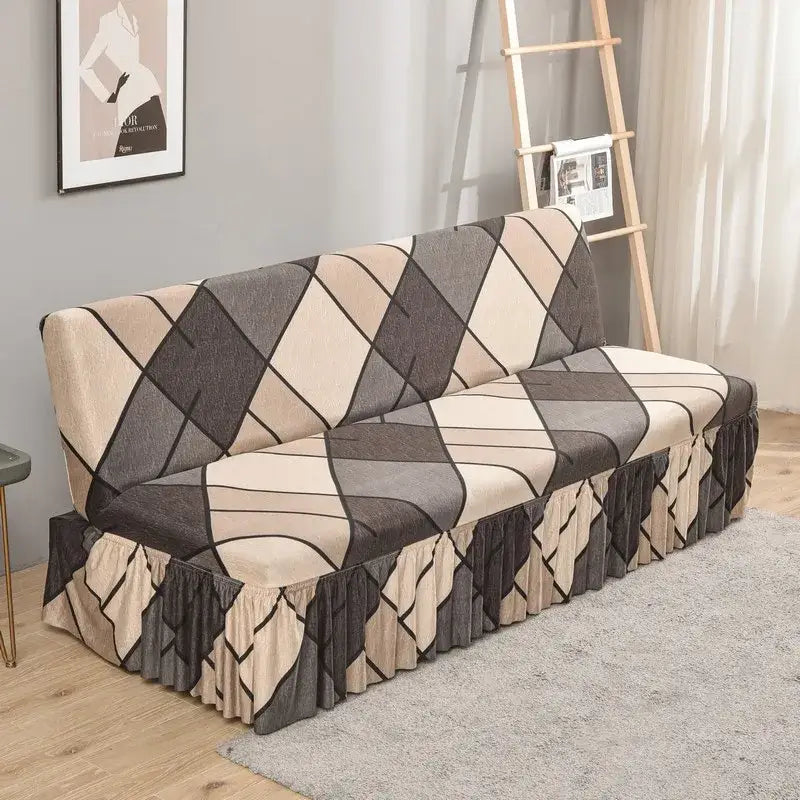 Argyle beige & dark gray elastic armless futon sofa cover living room