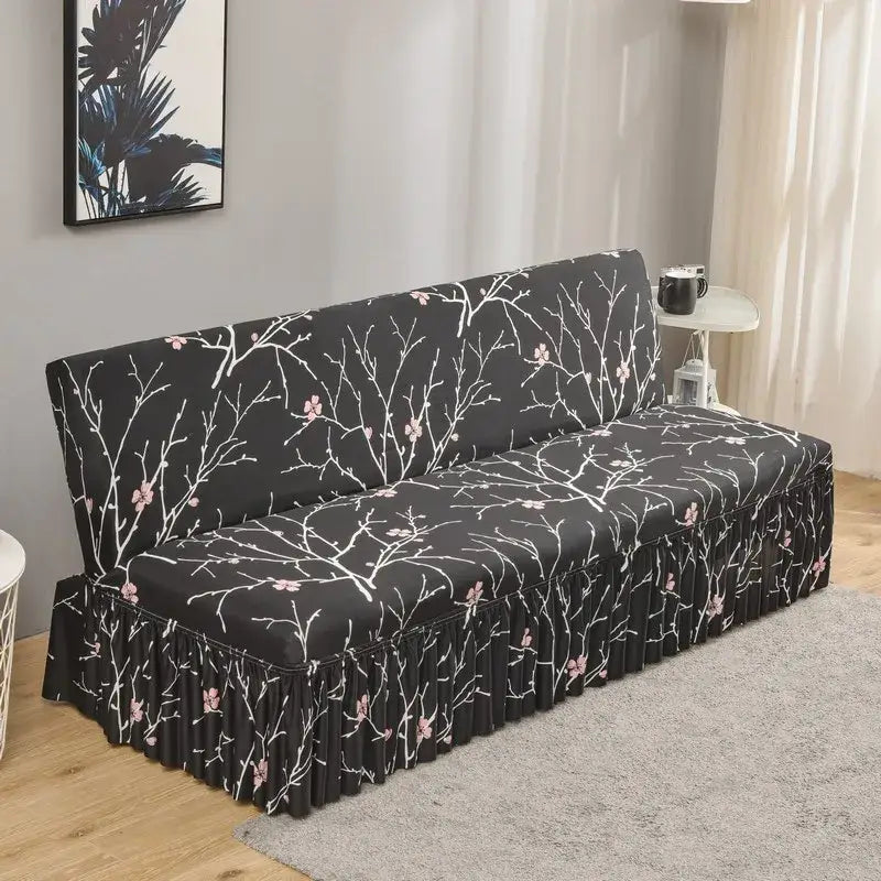 Argyle beige & dark gray elastic armless futon sofa cover living room