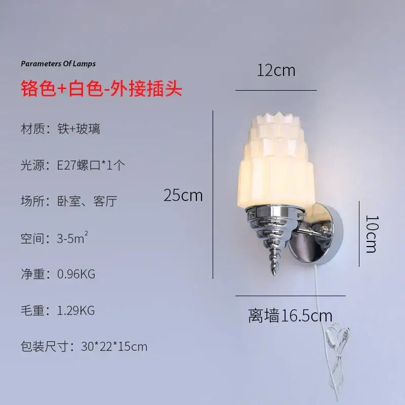 Art deco chrome & gold cream glass led wall lamp bedroom