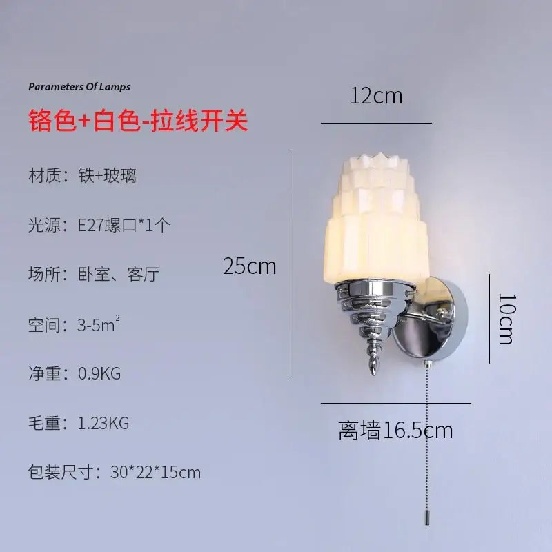 Art deco chrome & gold cream glass led wall lamp bedroom