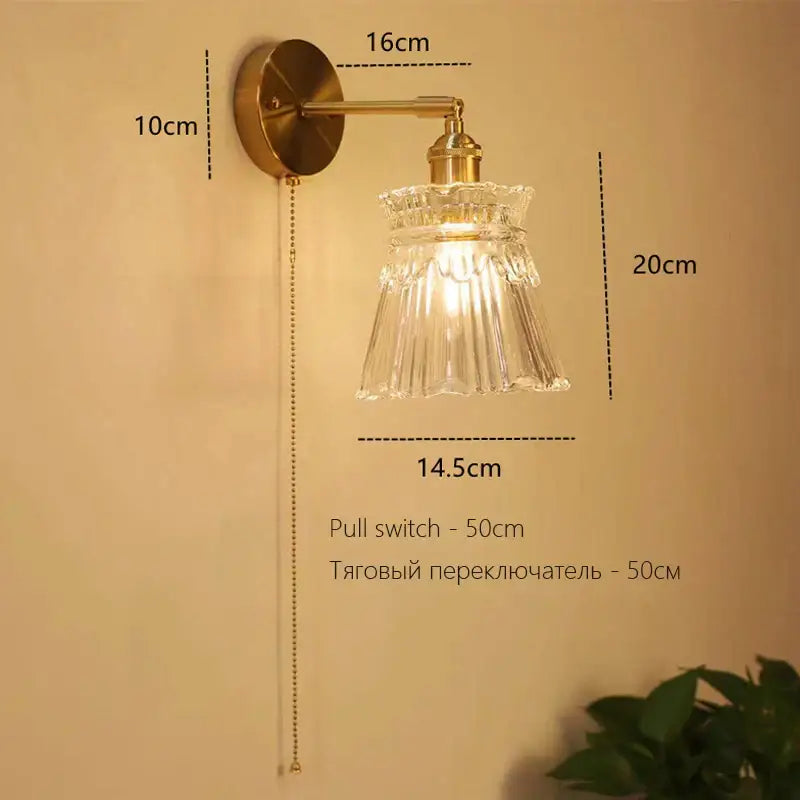 Art deco led wall lamp with glass shade bedroom brass sconce