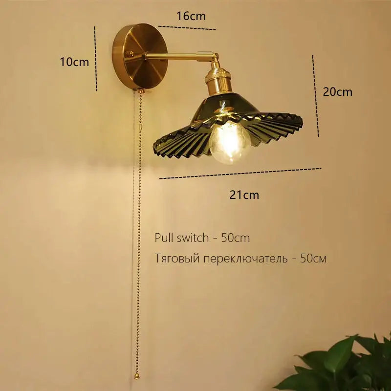 Art deco led wall lamp with glass shade bedroom brass sconce