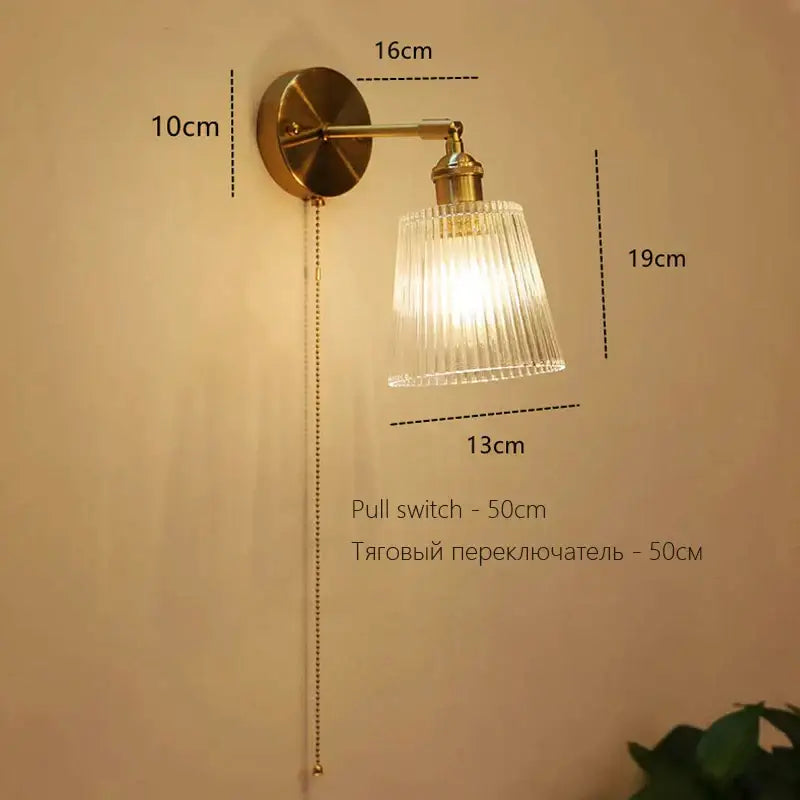Art deco led wall lamp with glass shade bedroom brass sconce