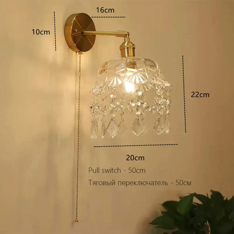 Art deco led wall lamp with glass shade bedroom brass sconce