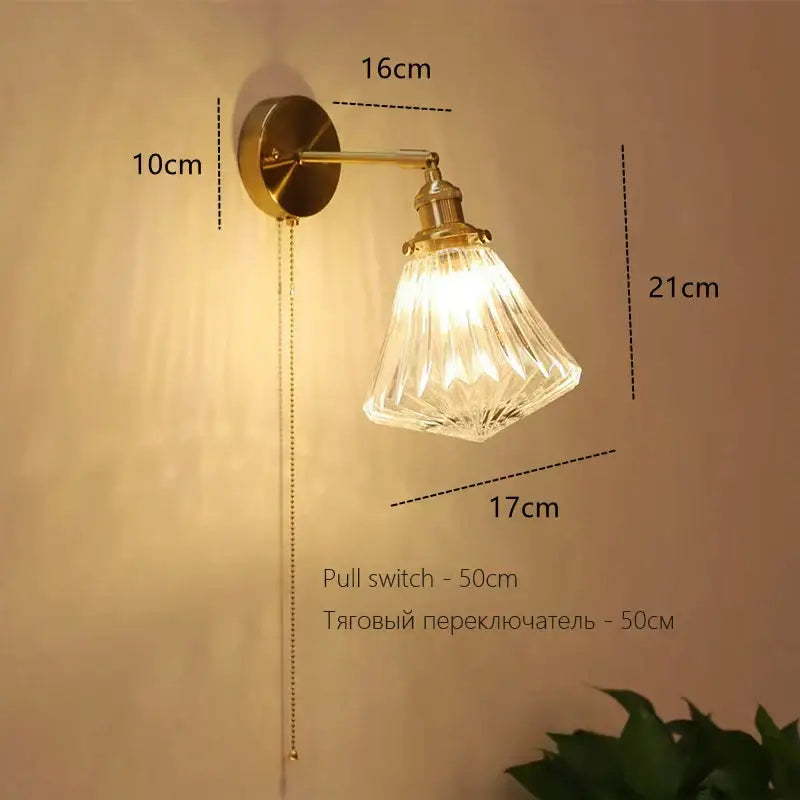 Art deco led wall lamp with glass shade bedroom brass sconce