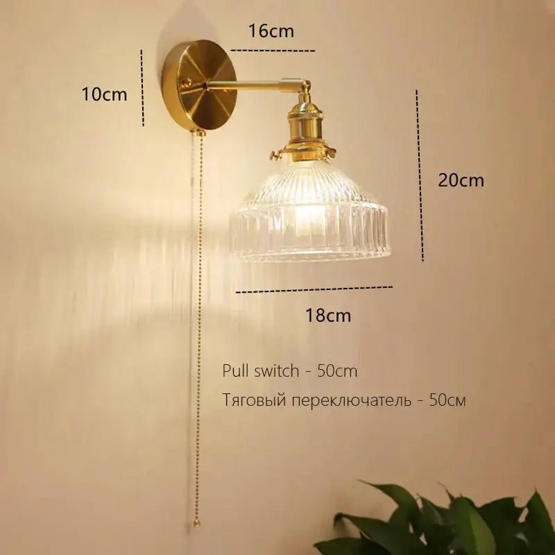 Art deco led wall lamp with glass shade bedroom brass sconce