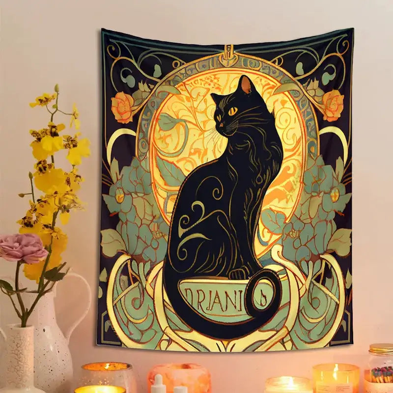 Art nouveau black cat tapestry bedroom floral wall decor