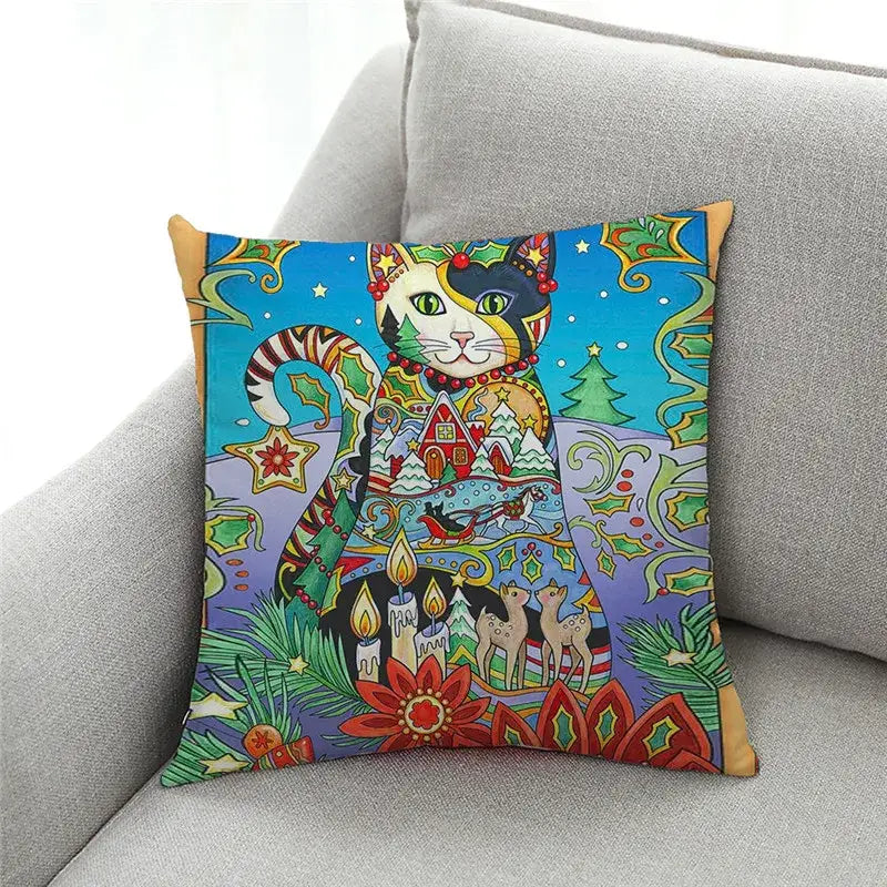 Artistic cat print black cushion covers set of 4 living room decor