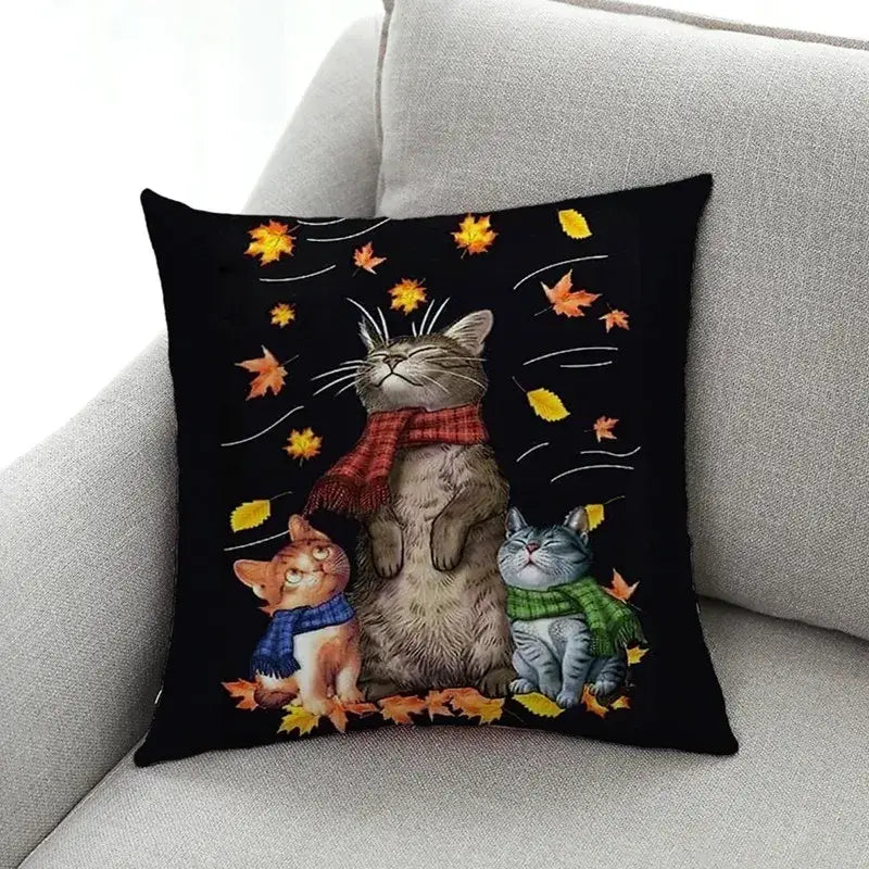 Artistic cat print black cushion covers set of 4 living room decor