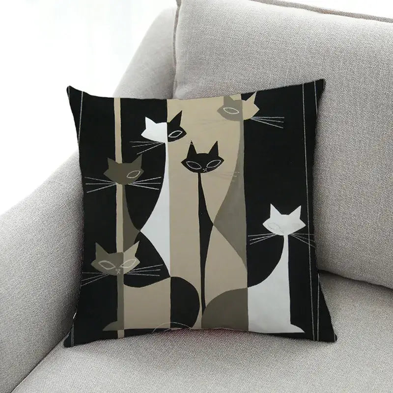 Artistic cat print black cushion covers set of 4 living room decor