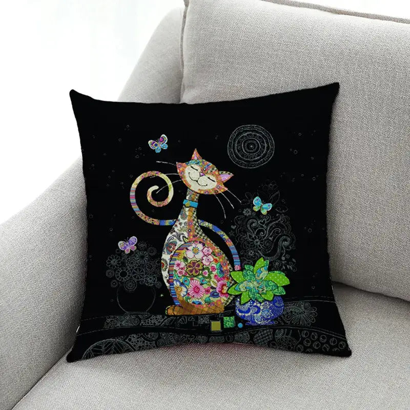 Artistic cat print black cushion covers set of 4 living room decor