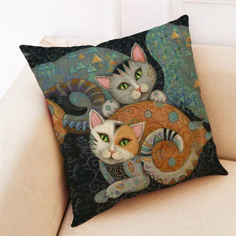 Artistic cat print black cushion covers set of 4 living room decor
