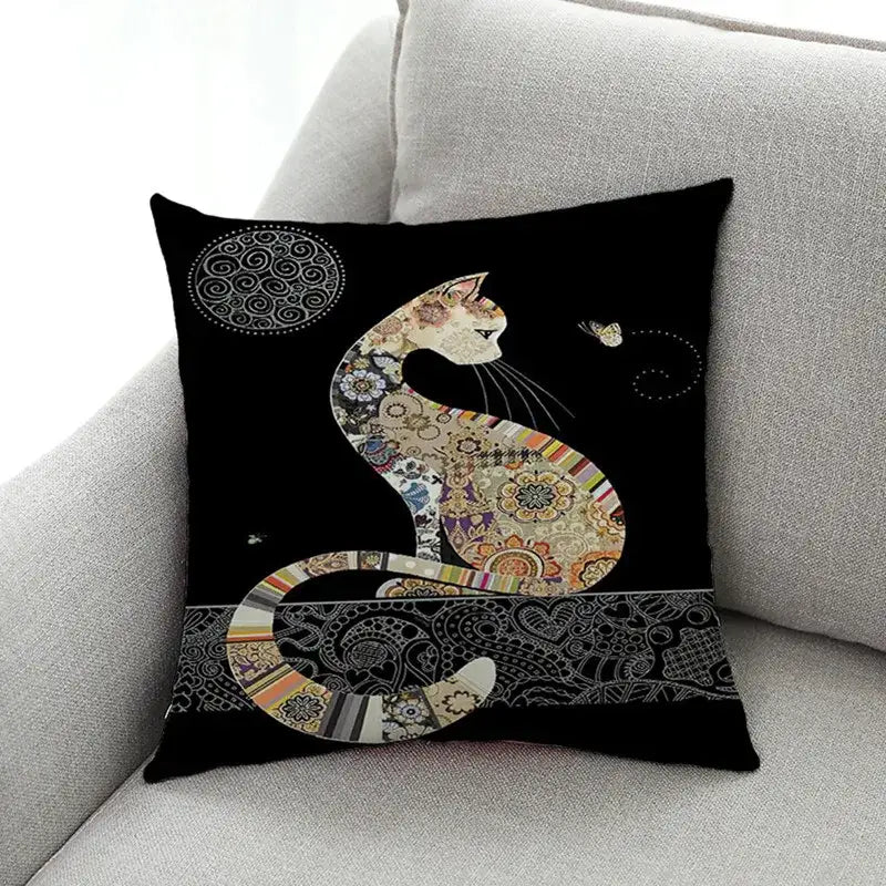 Artistic cat print black cushion covers set of 4 living room decor