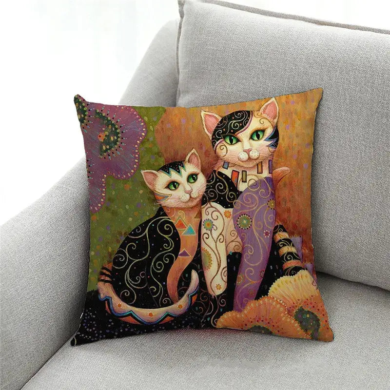 Artistic cat print black cushion covers set of 4 living room decor