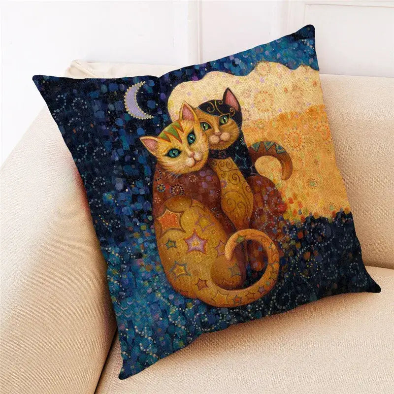 Artistic cat print black cushion covers set of 4 living room decor