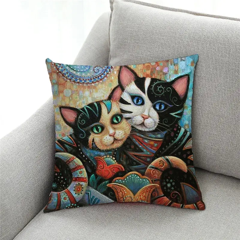 Artistic cat print black cushion covers set of 4 living room decor