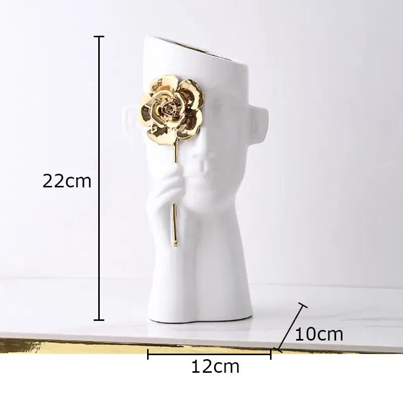 Artistic white and gold rose relief head vase bedroom decor