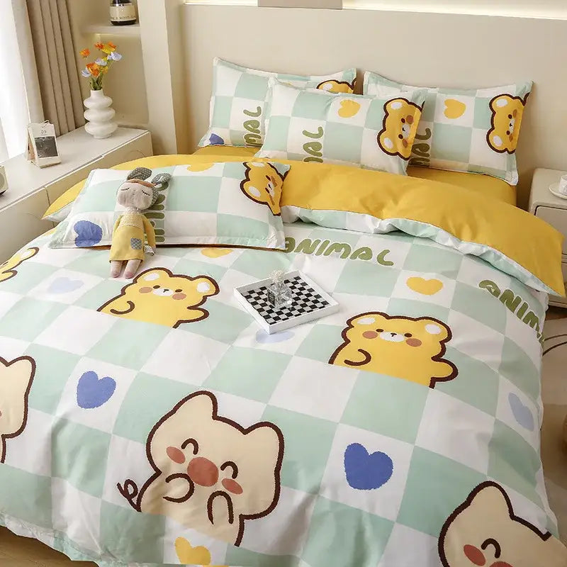Astronaut cartoon lattice floral bedding set green & white bedroom