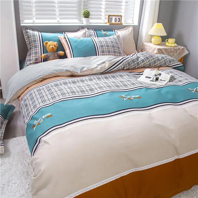 Astronaut cartoon lattice floral bedding set green & white bedroom