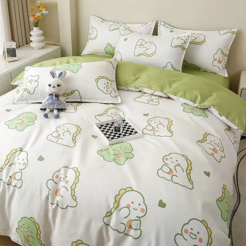 Astronaut cartoon lattice floral bedding set green & white bedroom
