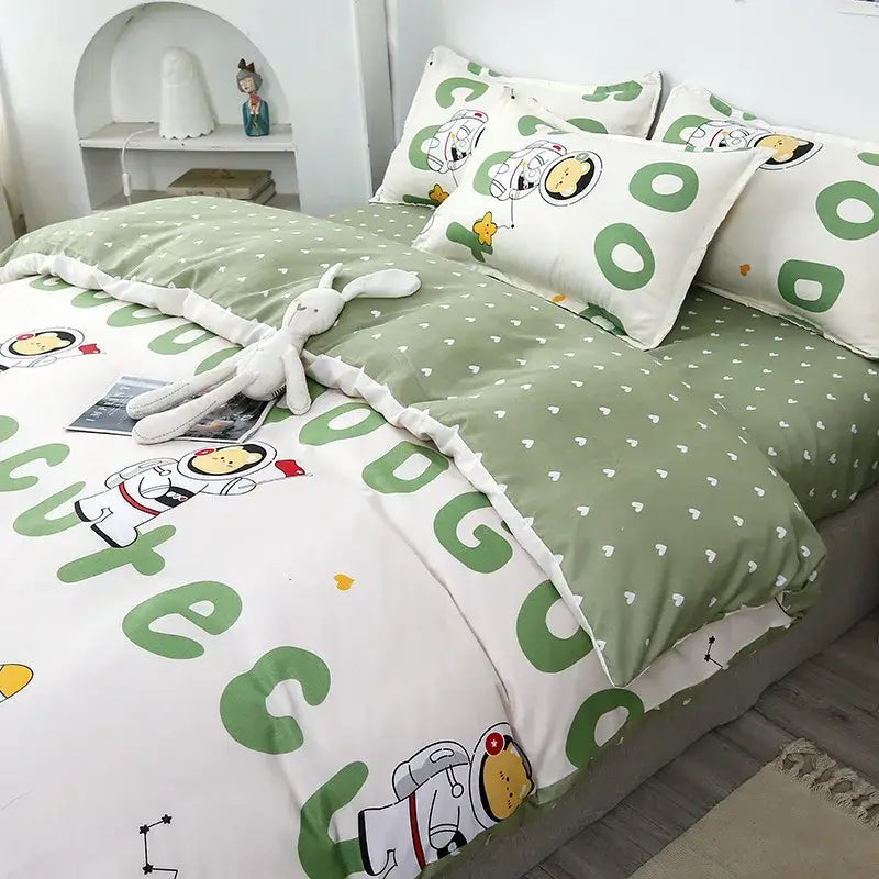 Astronaut cartoon lattice floral bedding set green & white bedroom