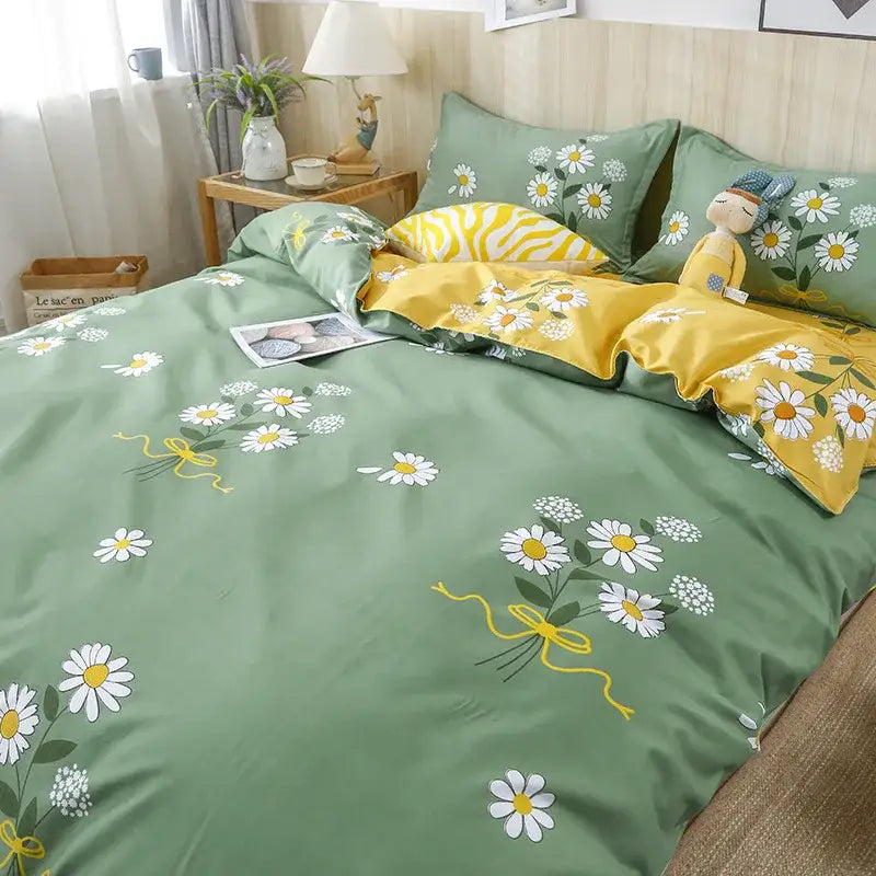 Astronaut cartoon lattice floral bedding set green & white bedroom