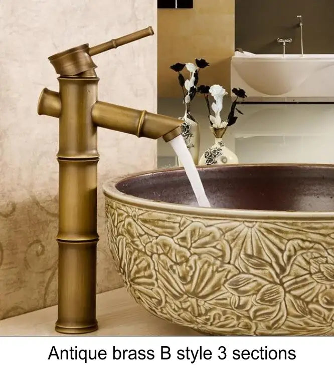 Bamboo antique brass & black basin mixer tap bathroom faucet