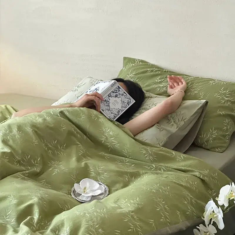 Bamboo leaf jacquard green cotton bedding set bedroom quilt set