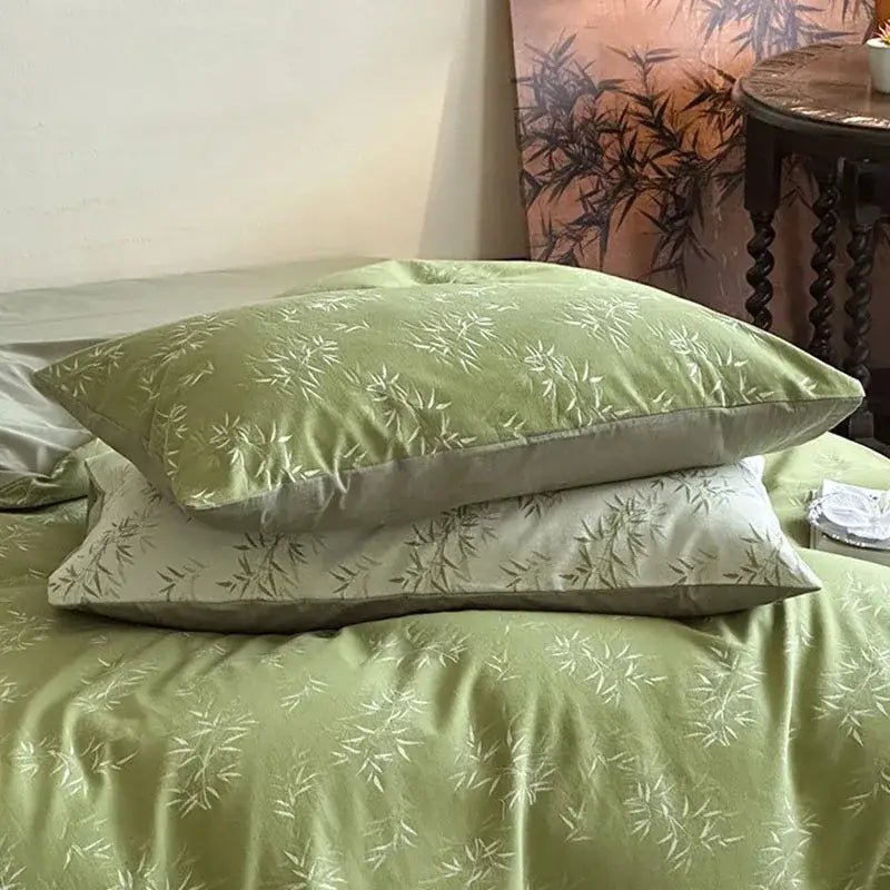 Bamboo leaf jacquard green cotton bedding set bedroom quilt set