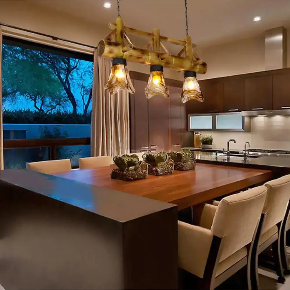 Bamboo lodge amber glass flared pendant light kitchen island lighting
