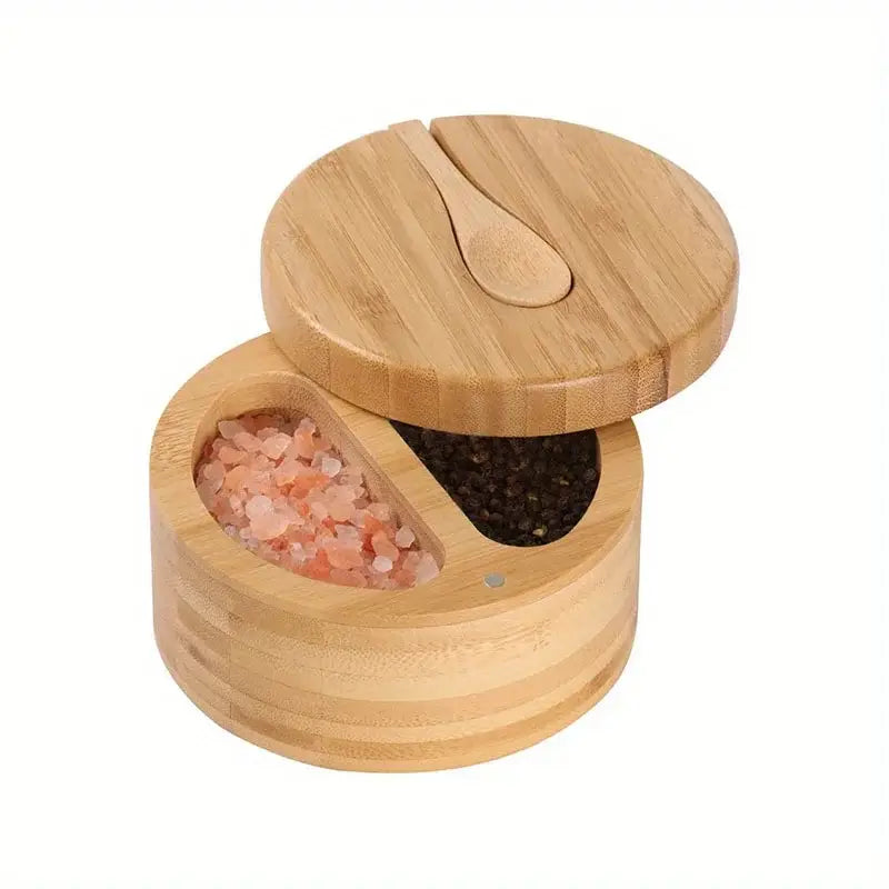 Bamboo seasoning box with spoon kitchen divided salt and pepper cellar