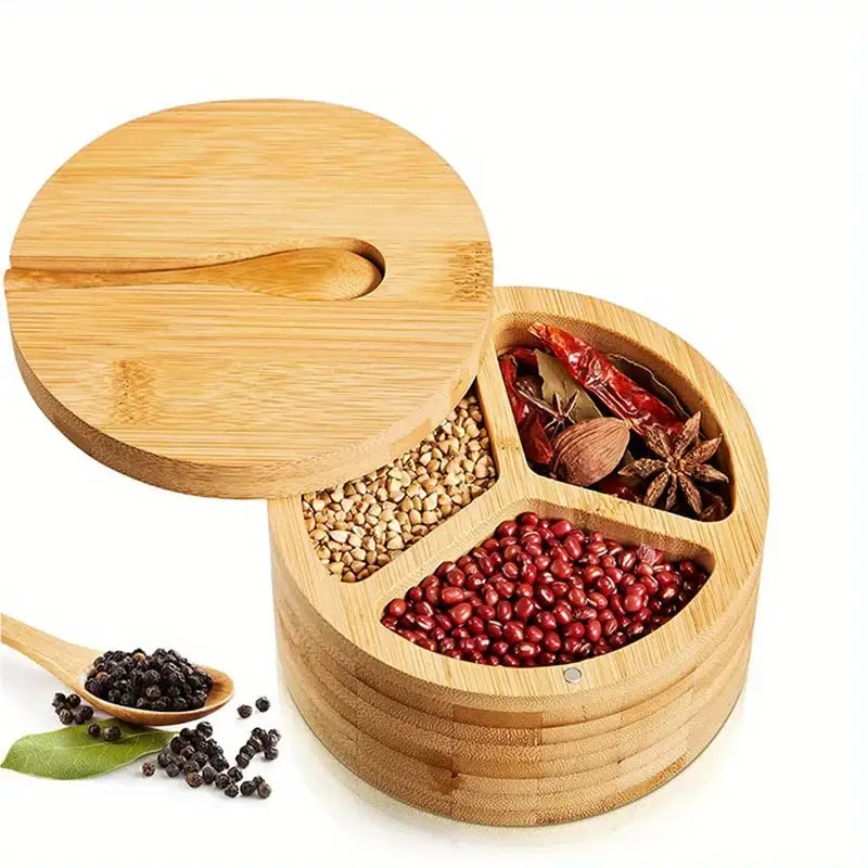 Bamboo seasoning box with spoon kitchen divided salt and pepper cellar