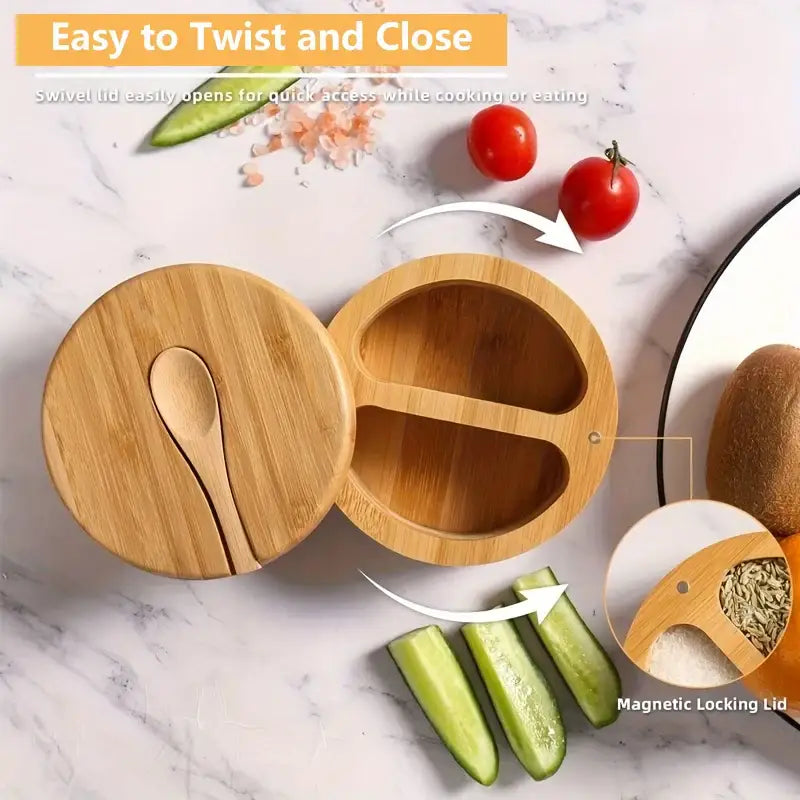 Bamboo seasoning box with spoon kitchen divided salt and pepper cellar