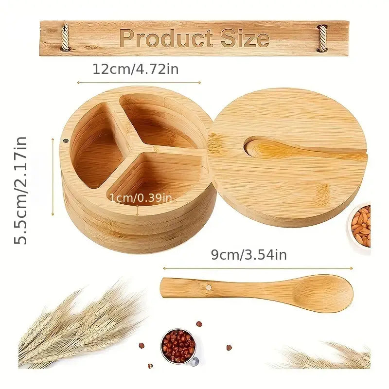 Bamboo seasoning box with spoon kitchen divided salt and pepper cellar