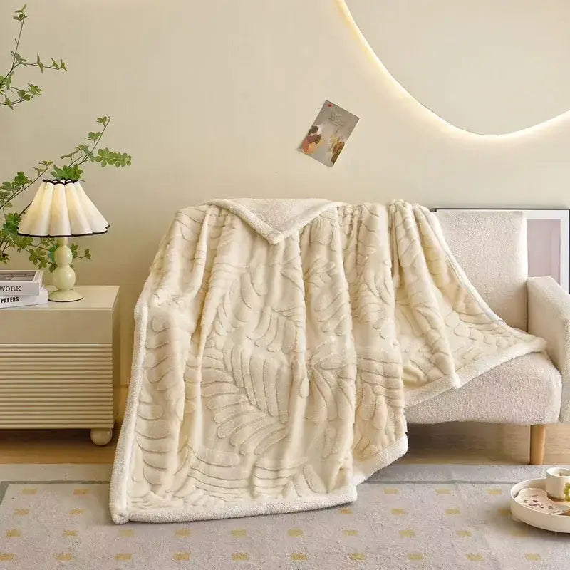 Banana leaf jacquard faux rabbit fur bedroom throw blanket