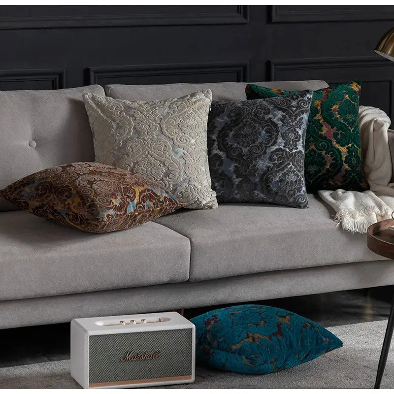 Baroque beige & silver damask cut velvet cushion covers living room