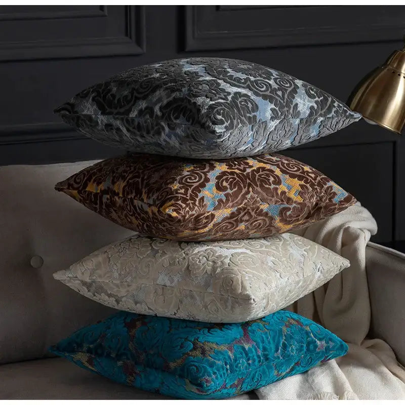 Baroque beige & silver damask cut velvet cushion covers living room