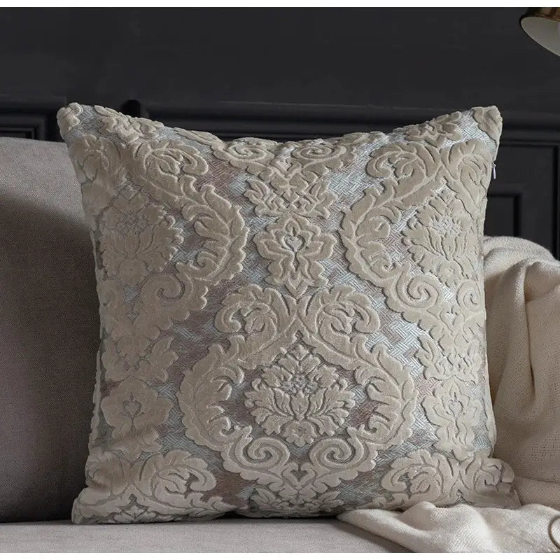 Baroque beige & silver damask cut velvet cushion covers living room