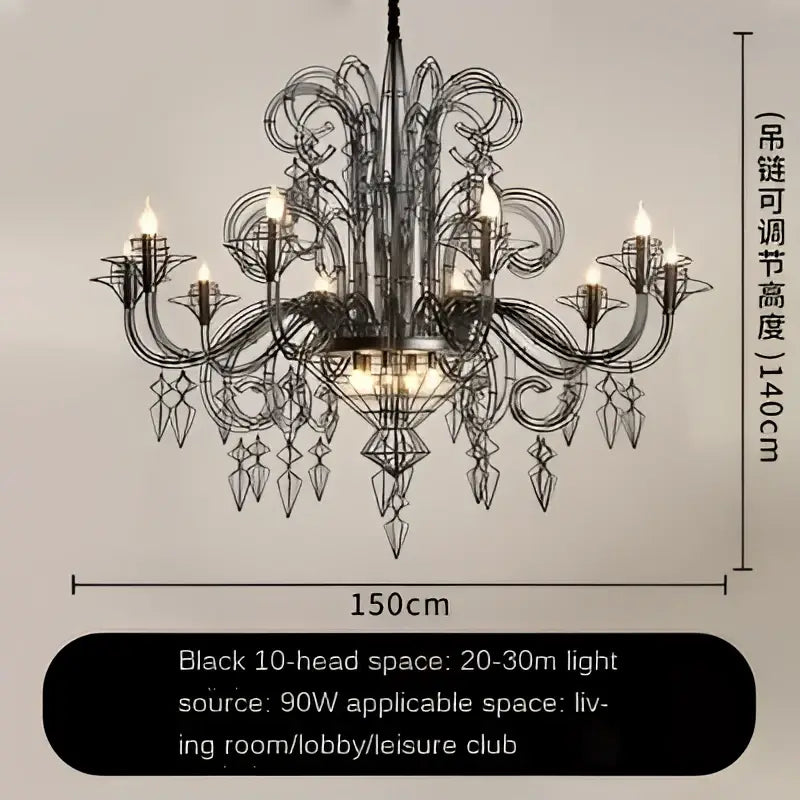 Baroque black candle chandelier with crystals for living room