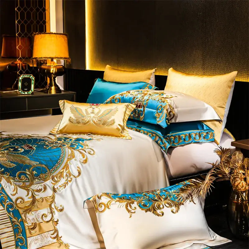 Baroque blue & gold embroidered cotton bedding set bedroom luxury