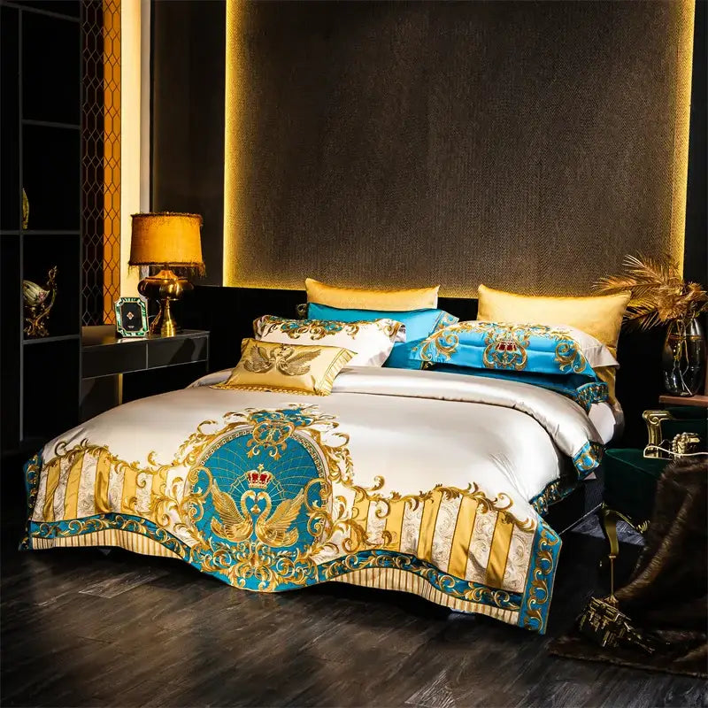 Baroque blue & gold embroidered cotton bedding set bedroom luxury