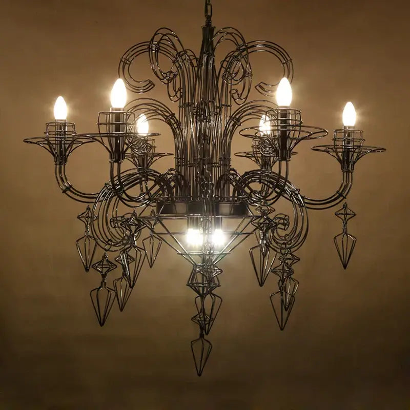 Baroque designer hanging chandelier black iron foyer led light
