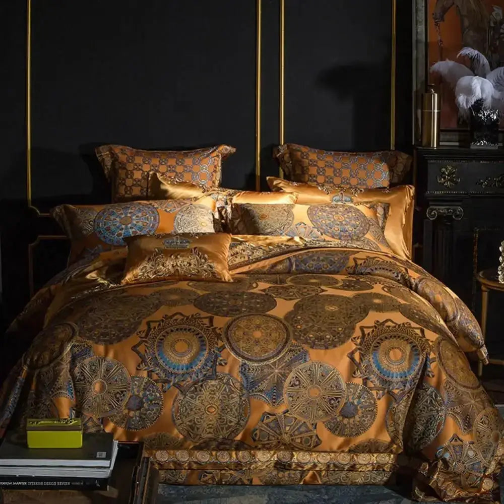 Baroque golden jacquard bedding set – gold & blue bedroom linens