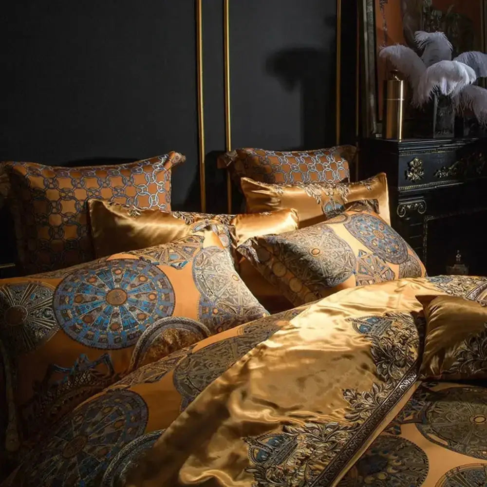 Baroque golden jacquard bedding set – gold & blue bedroom linens
