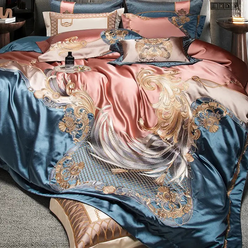 Baroque rose gold & deep teal 1500tc egyptian cotton bedding set bedroom
