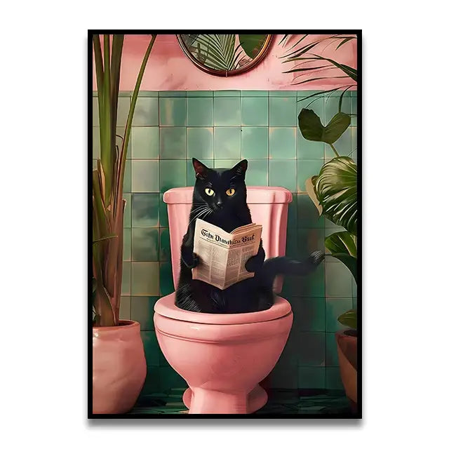 Funny black cat reading newspaper canvas wall art for bathroom