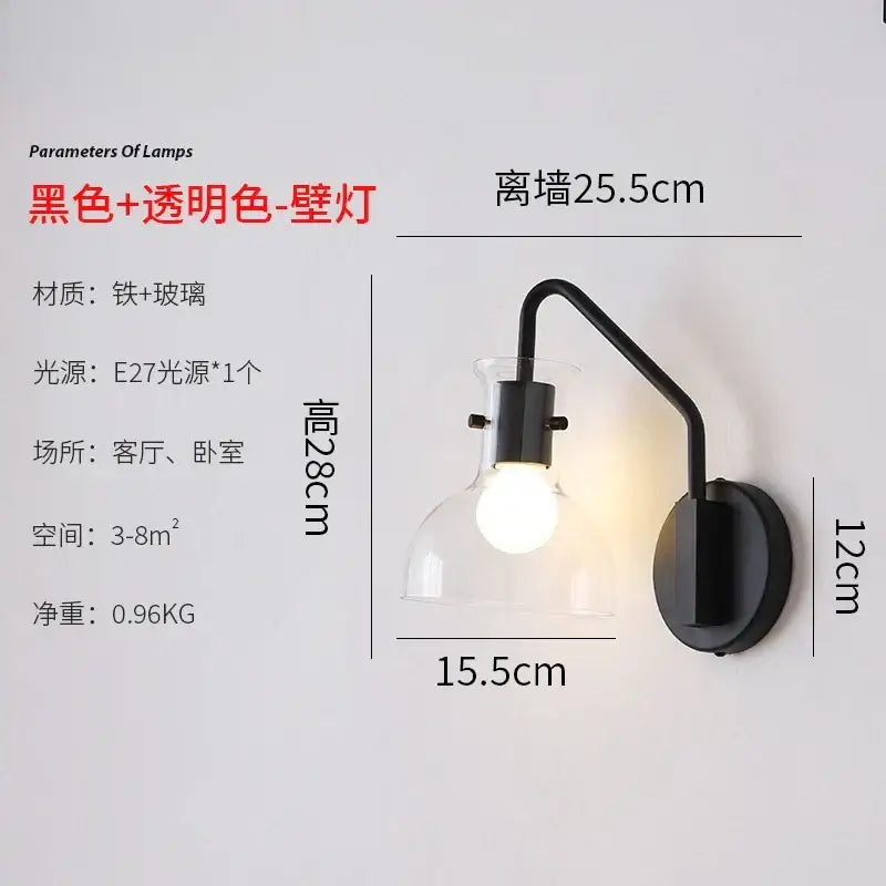 Bauhaus glass led wall lamp black metal sconce for bedroom